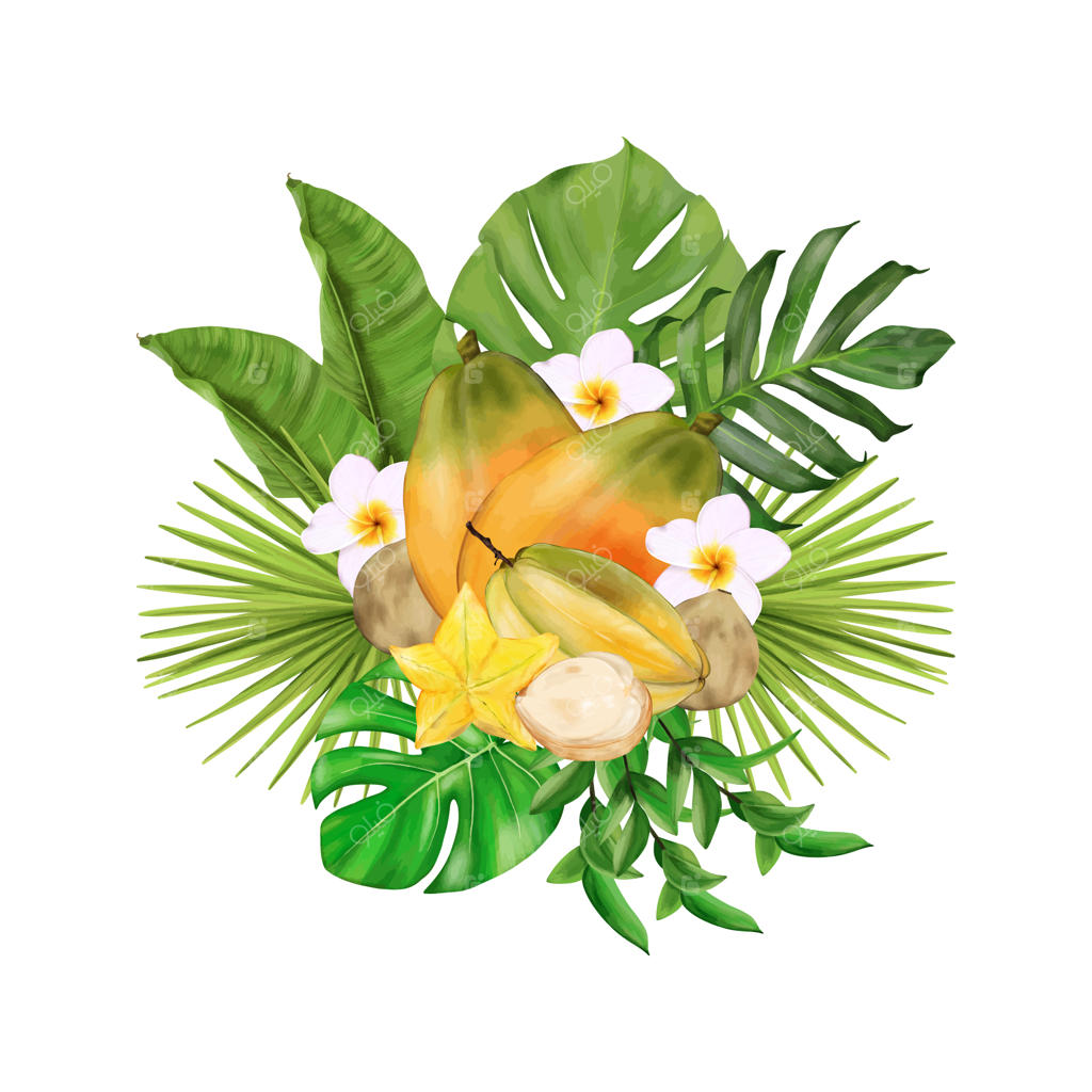 دسته گل استوایی با میوه، گل و برگ‌ها