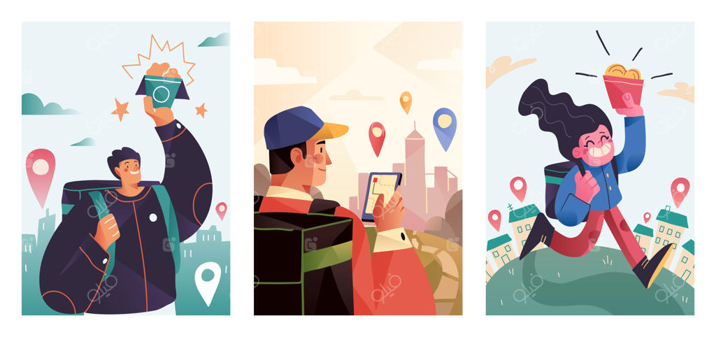 مجموعه طراحی پوستر یا بنر برای خدمات تحویل غذای فوری و پیک موتوری