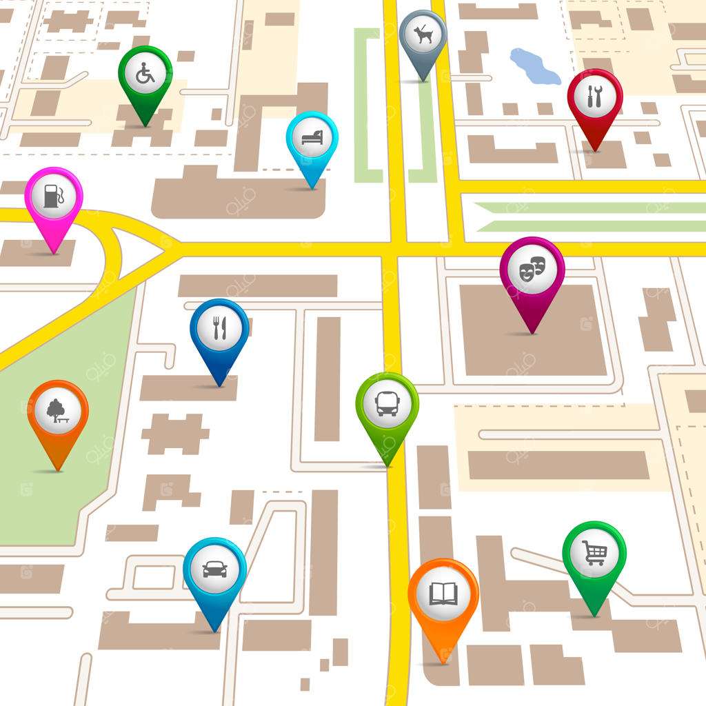 نقشه شهر با نشانگرهایی برای موقعیت خدمات مختلف از جمله تئاتر، پارکینگ، هتل، بیمارستان، سوپرمارکت، رستوران، پارک، مسیر پیاده‌روی سگ، ایستگاه اتوبوس، کتابخانه و پارکینگ خودروها