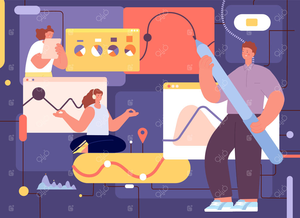 اقتصاد تجارت نمودارها تیم‌ورک مفهوم مالی انتزاعی افراد و گرافیک‌ها عملکرد حسابداری یا شاخص‌های ثبات صحنه وکتور