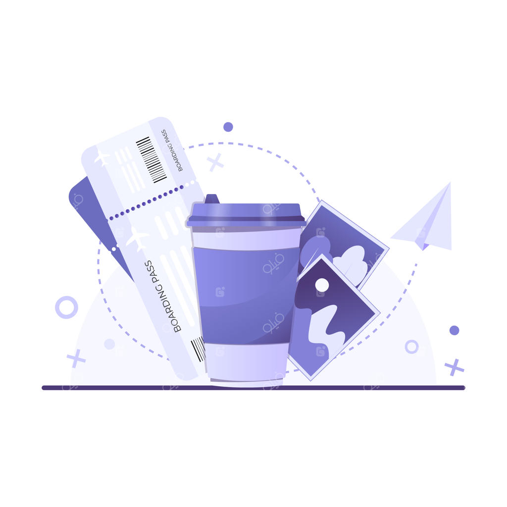 فنجان قهوه، کارت پرواز، بلیط هواپیما و عکس فوری