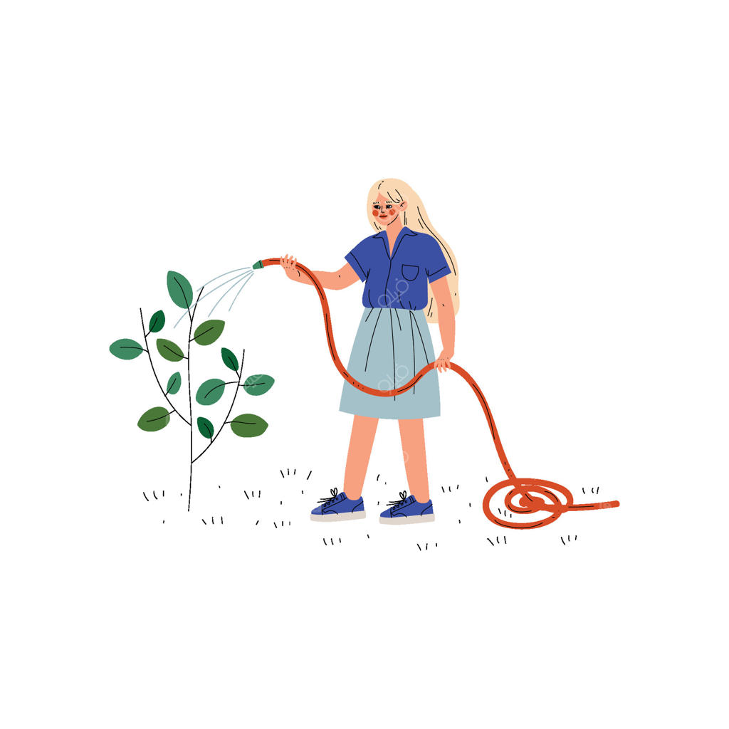 دختر در حال آبیاری گیاهان با شلنگ، تصویر زنی جوان در باغ یا مزرعه