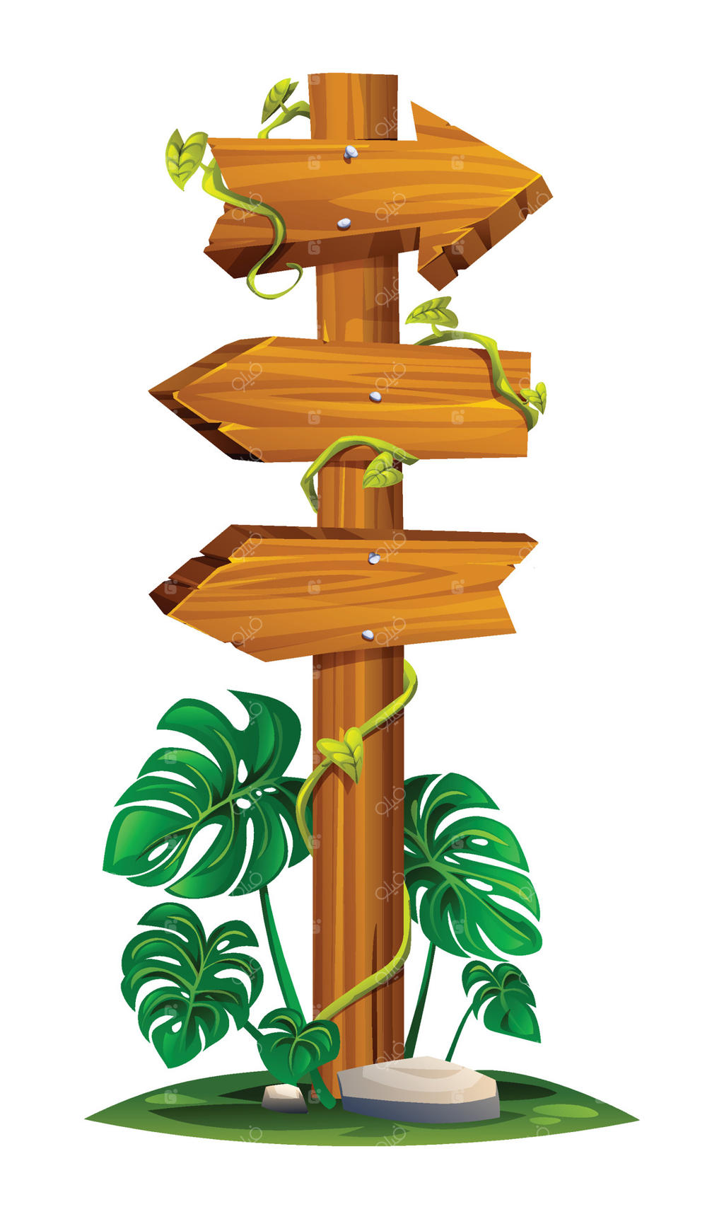 تابلوی چوبی با سه فلش پیچیده در تاک‌ها و محاصره شده با برگ‌های گرمسیری. تصویر کارتونی