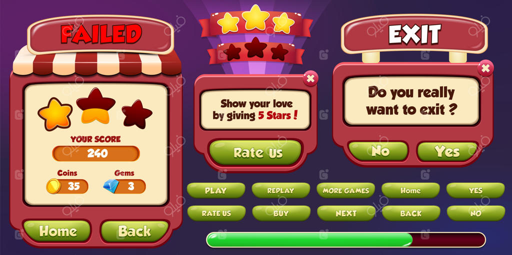 مرحله شکست خورد، امتیاز دهید و از منو خارج شوید، صفحه‌ای با ستاره‌ها، بارگذاری و دکمه ظاهر می‌شود.