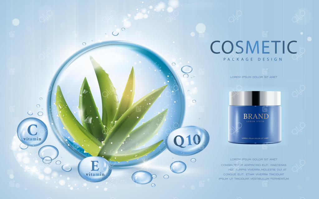 موکاپ سه‌بعدی لوازم آرایشی با ترکیبات آلوئه‌ورا در قطره آب