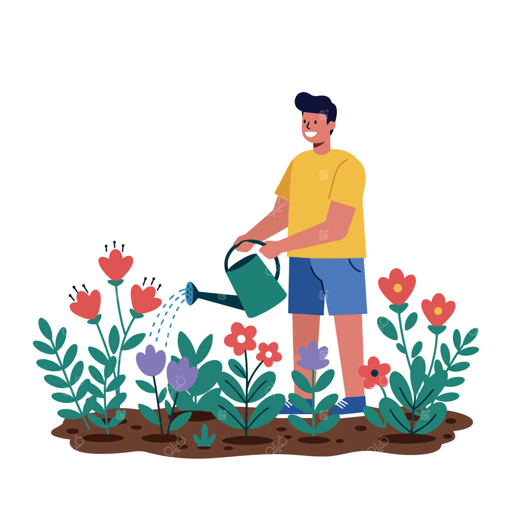 مردی که با آبپاش سبز در باغچه‌ای پر از گل‌های رنگارنگ آب می‌دهد؛ تصویرسازی