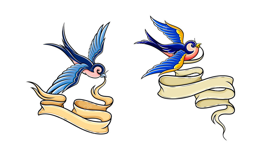 ست چلچله‌های آبی با روبان. پرندگانی با بنر خالی. طرح خالکوبی دستی به سبک کلاسیک.