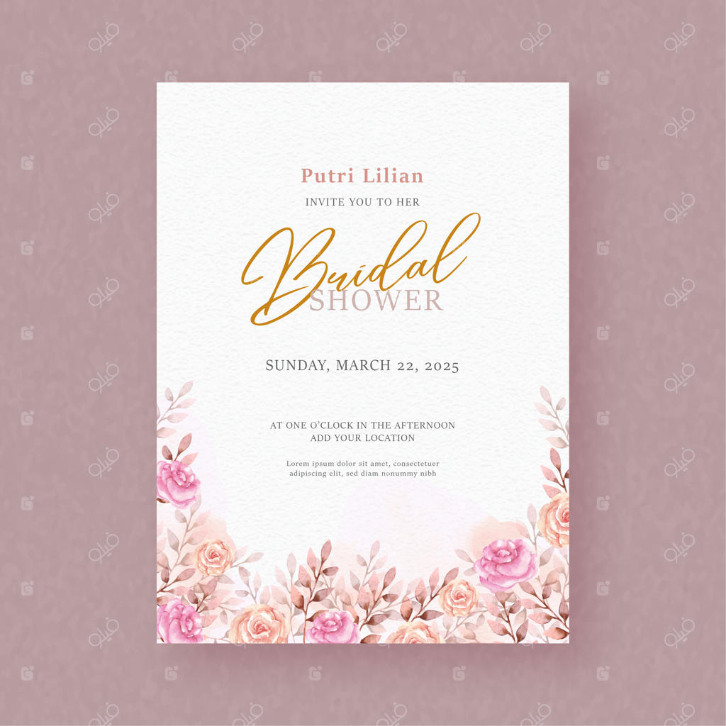 چیدمان نقاشی گل‌های رز روی زمینه کارت دعوت مراسم عروسی