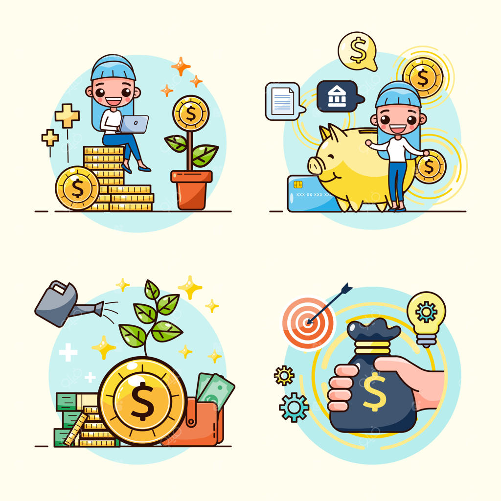 مفهوم رشد سرمایه‌گذاری تجاری و مالی: بازگشت سرمایه، گیاه دلار، سکه‌ها، نمودار و کیسه پول