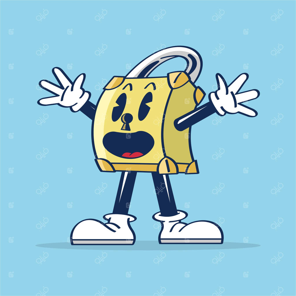 تصویر کارتونی یک قفل خوشحال روی پس‌زمینه آبی به صورت نقاشی دستی وکتور