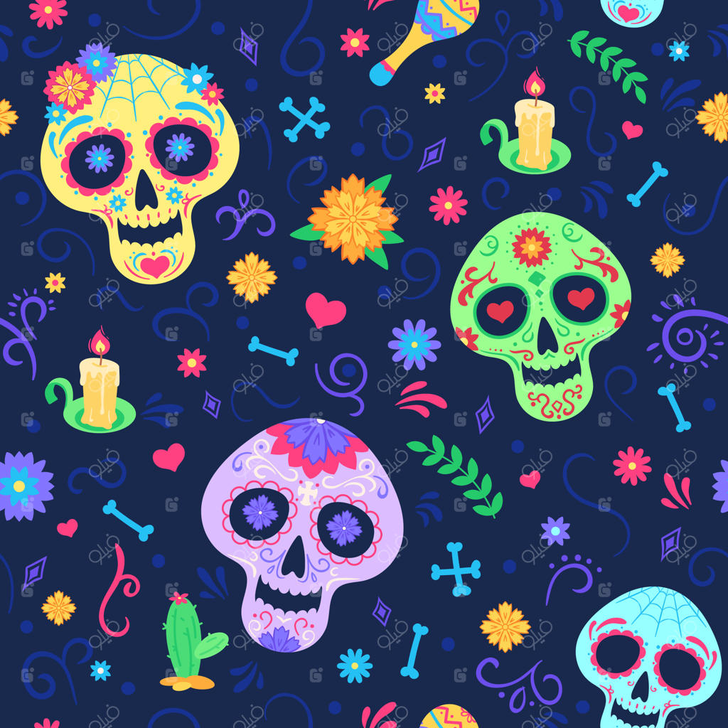 طرح روز مردگان: نمادهای جشن، جمجمه‌ها و گل‌ها، شمع و ماراکا. الگوی مکزیکی بافت بدون درز رنگارنگ برای هالووین مکزیکی.