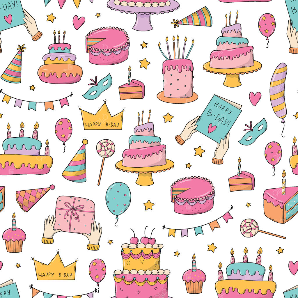 طرح کیک تولد با الگوهای بامزه و رنگارنگ برای کاغذ دیواری، اسکرپ‌بوکینگ، لوازم‌التحریر، کاغذ کادو، چاپ پارچه، پس‌زمینه‌ها، بنرها، کارت‌ها و غیره. EPS 10