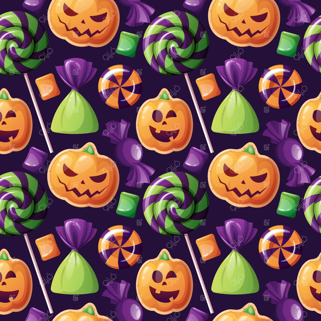 پترن یکپارچه با شیرینی‌های هالووین روی پس‌زمینه‌ای تیره با کلوچه‌های شکل کدو تنبل