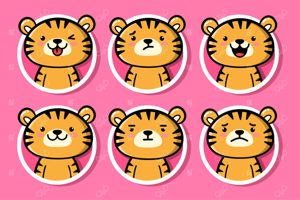 سر ببر - شخصیت ببر بچه بامزه به سبک کاوایی صورت کارتونی ببر با حالت‌های مختلف چهره