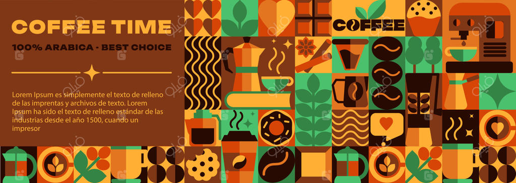 تصویر قهرمان و پترن بنر با طرح قهوه باوهاوس، آیکون‌ها و نمادهای انتزاعی در قالب هندسی