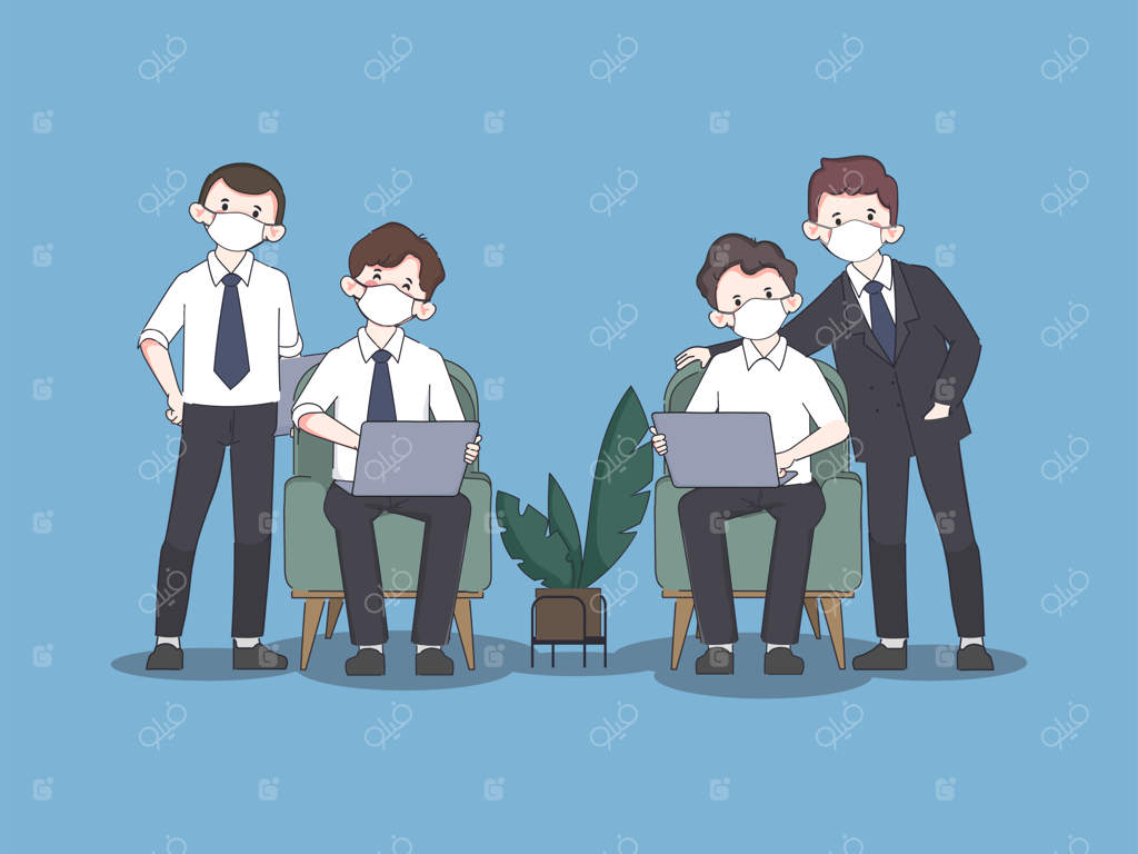 تاجران با ماسک در دفاتر کار می‌کنند؛ وضعیت عادی جدید برای مقابله با کووید-۱۹ و ویروس کرونا