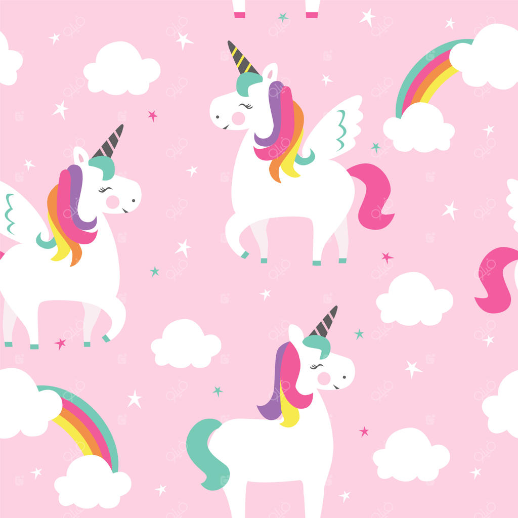 الگوی یکپارچه با اسب‌های شاخدار و رنگین‌کمان‌ها.