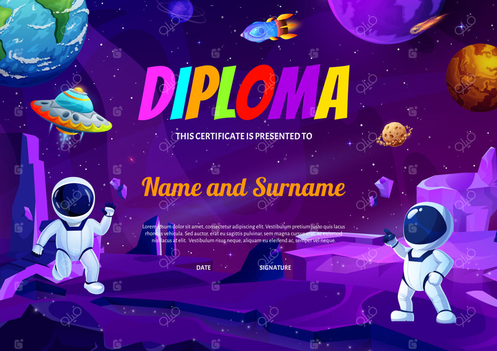 دیپلم کارتونی کودکان با منظره فضایی و فضانوردان