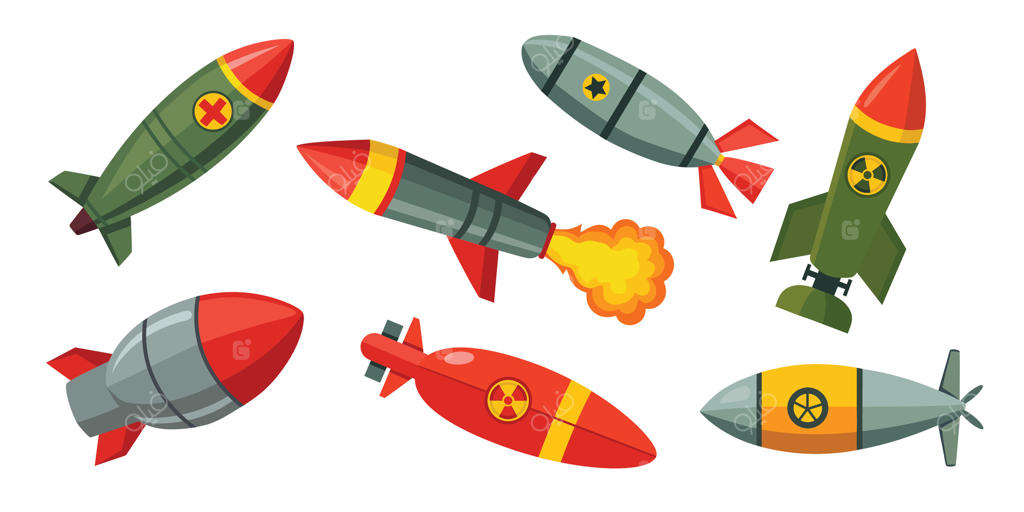 موشک نظامی: مجموعه کاریکاتور موشک بالستیک. تصویرسازی موشک نظامی روی پس‌زمینه سفید.