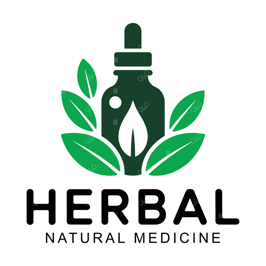 طراحی لوگوی گیاهان دارویی طبیعی با بطری قطره‌چکان و برگ‌های سبز