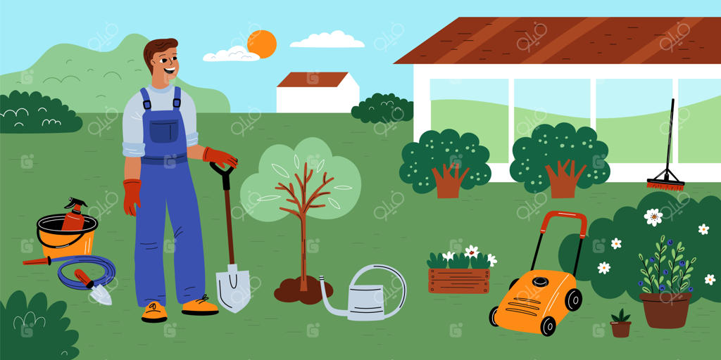 باغبانی: سرگرمی و سبک زندگی | مردی با لباس کار در حال کاشت درختان در حیاط پشتی | مراقبت از گیاهان و ابزارهای باغبانی | باغبان در حال آبیاری نهال‌ها | مفهوم گرافیکی جذاب