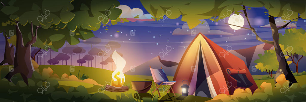 بنر پس‌زمینه کمپینگ با سبک کارتونی تخت؛ منظره شبانه جنگل با آسمان پرستاره، ماه، چادر، آتش و تجهیزات سفر. پوستر تعطیلات آخر هفته و طبیعت‌گردی تابستانی. تصویرسازی وکتور.