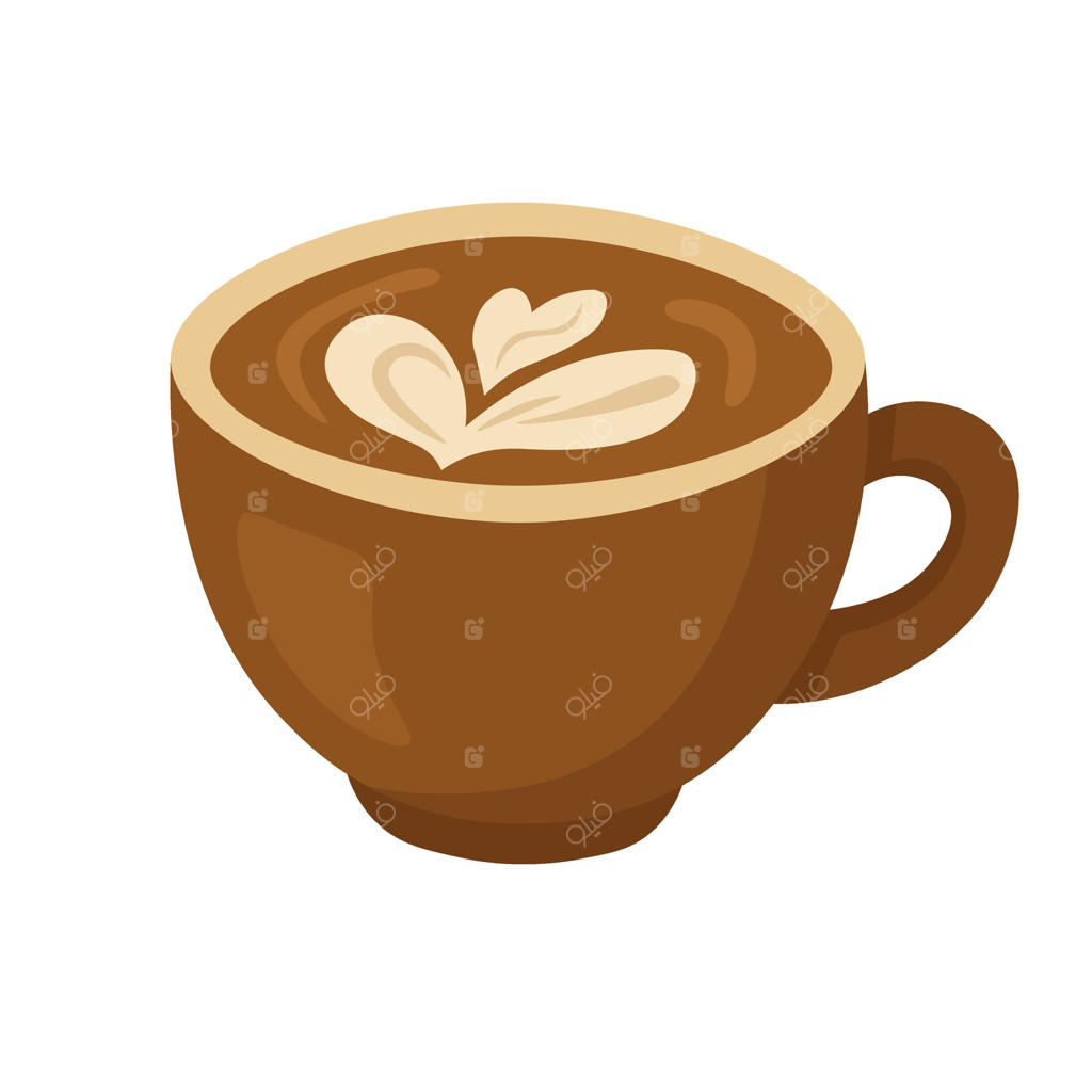 فنجان قهوه قهوه‌ای با طرح لاته خامه‌ای، طرح کارتونی دنج برای استفاده در کافه و صبحانه.