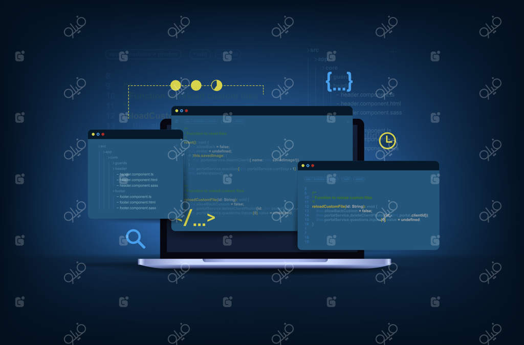 مفهوم برنامه‌نویسی کامپیوتر و توسعه نرم‌افزار یا بازی - تصویرسازی سه‌بعدی با نمادهای کدنویسی و پنجره‌های برنامه‌نویسی مفهوم فناوری اطلاعات و مهندسی کامپیوتر