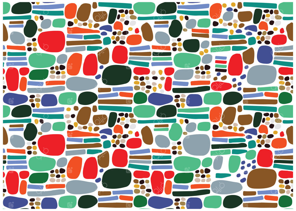 طرح انتزاعی رنگارنگ با اشکال مختلف در رنگ‌های قرمز، سبز، آبی و قهوه‌ای بر روی زمینه سفید.