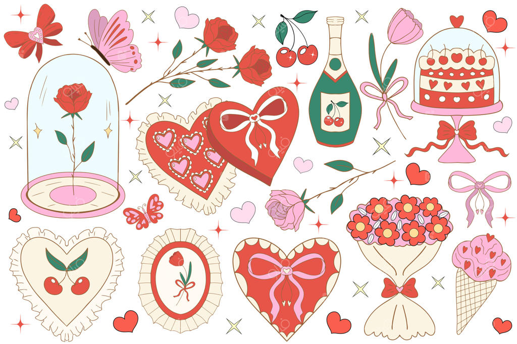 مجموعه بامزه روز ولنتاین: ست استایل دخترانه ی2ک، اکسسوری‌های شیک وینتیج. مجموعه‌ای دوست‌داشتنی و بامزه شامل گیلاس‌های قرمز، ربان صورتی، پاپیون، قلب و عشق ملوس. تصویرسازی