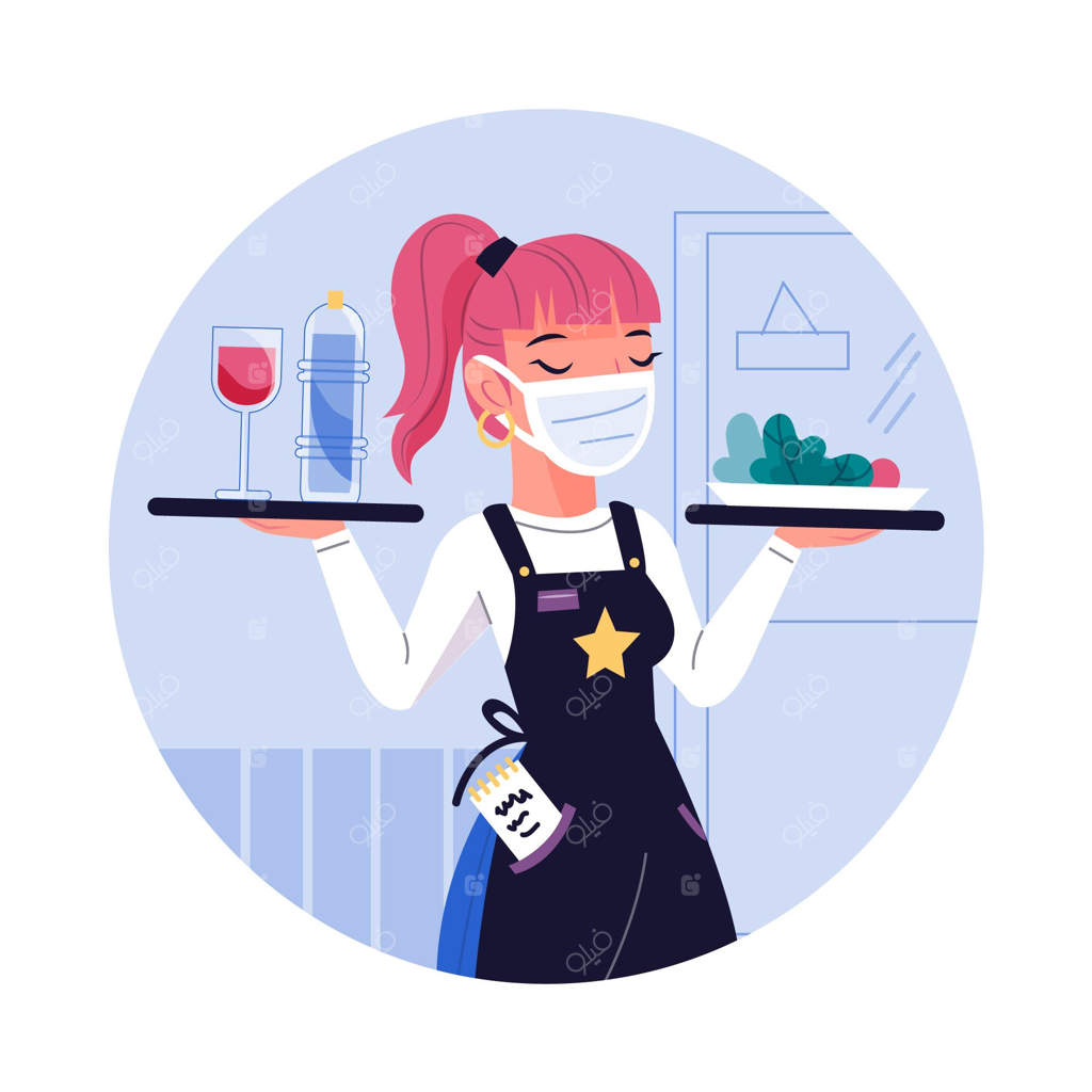 پیشخدمت با ماسک در حال سرویس‌دهی