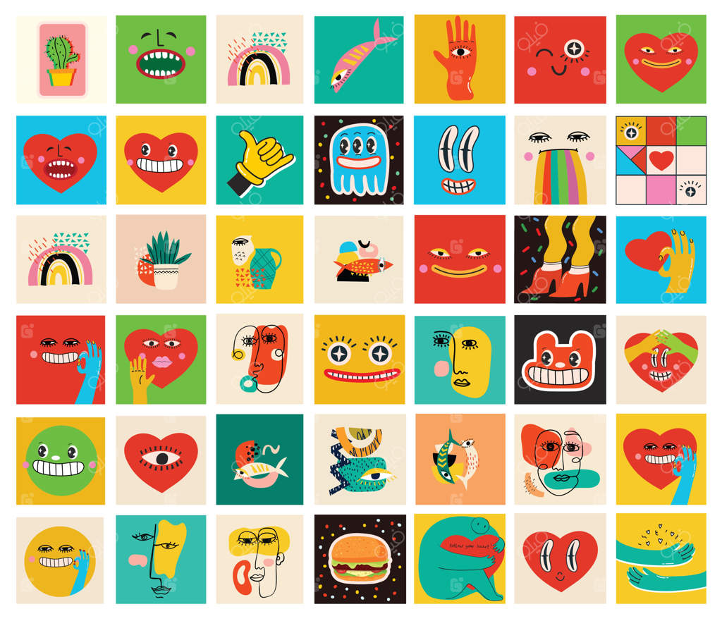 مجموعه بزرگی از وکتورهای متنوع رنگی برای پوسترها در طراحی کارتونی تخت با اشکال انتزاعی و چهره‌های دست‌ساز و شخصیت‌های کمیک بامزه