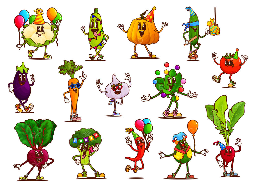 شخصیت‌های کارتونی سبزیجات هیجان‌انگیز در مهمانی