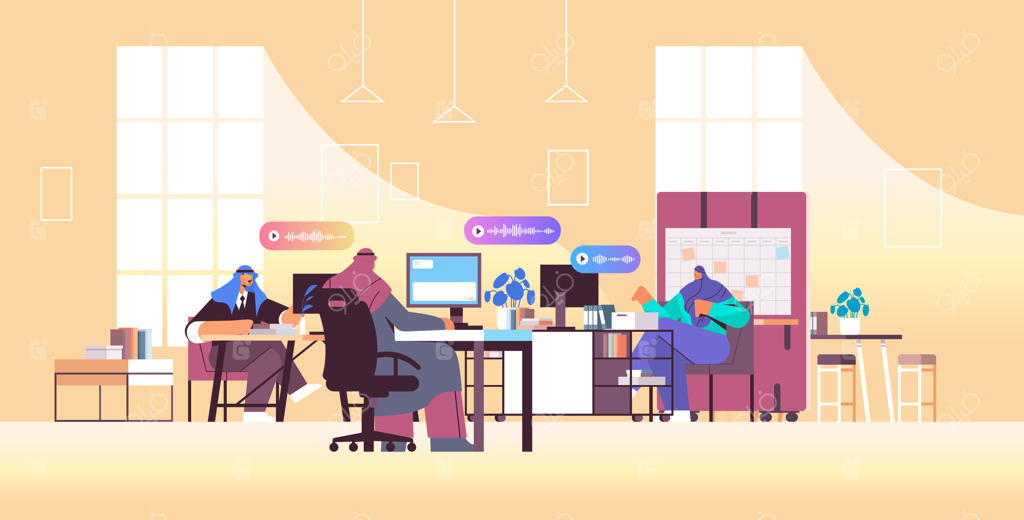 تاجران عرب با پیام‌های صوتی در پیام‌رسان‌ها ارتباط برقرار می‌کنند: مفهوم ارتباط آنلاین در شبکه‌های اجتماعی و اپلیکیشن‌های چت صوتی - تصویرسازی کامل و افقی