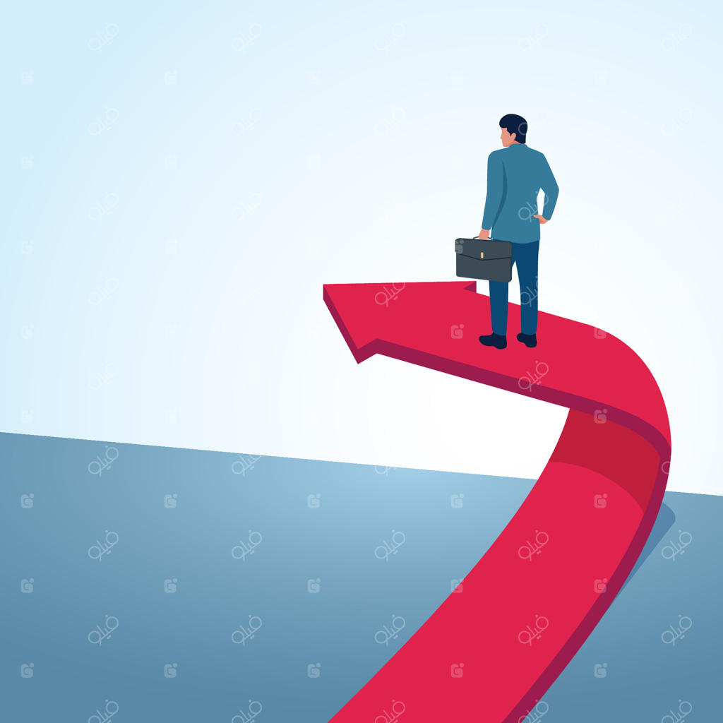 مردی ایستاده بر روی یک پیکان که جهتش تغییر می‌کند. تصویر استعاری برای تغییرات بهتر، فرصت‌های تازه و استراتژی‌های کسب‌وکار.