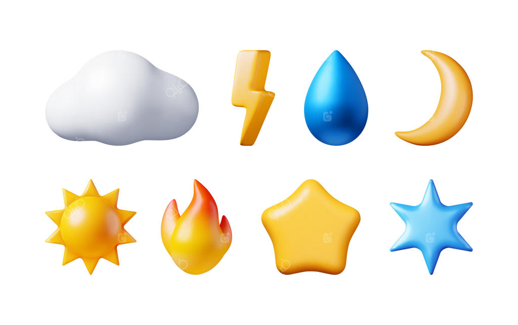 مجموعه آیکون‌های سه بعدی آب و هوا و نمادهای طبیعت؛ شامل آتش، ابر، قطره آب، رعد و برق، خورشید، ماه، ستاره و دانه برف - تصویرسازی وکتور واقع‌گرایانه