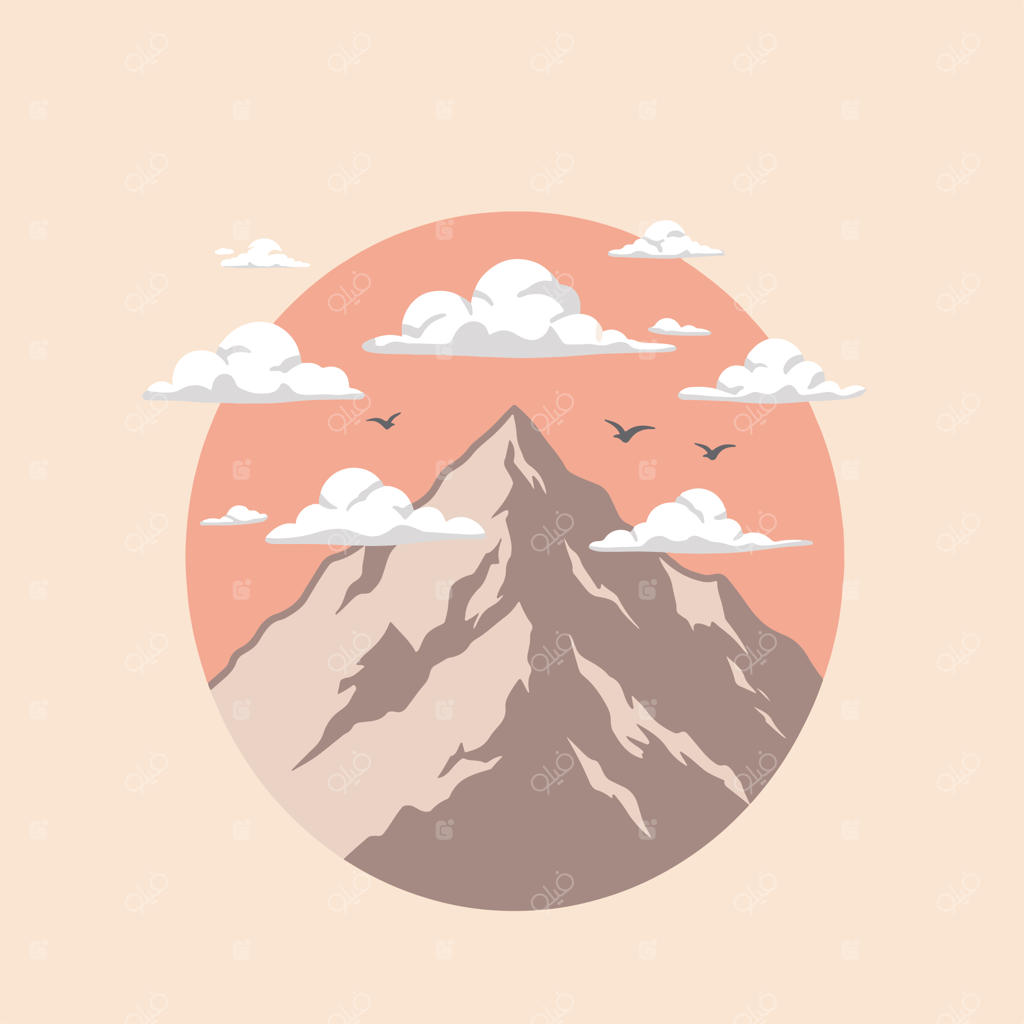 طرح وکتور دایره‌ای طبیعت با تصویرسازی کوه، ابر و پرندگان