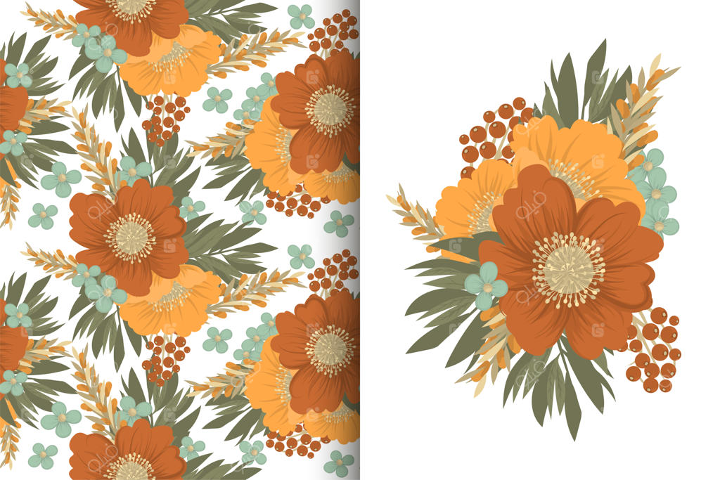 دسته گل با پس‌زمینه گلدار همگام‌شده مجموعه‌ای از طرح‌ها