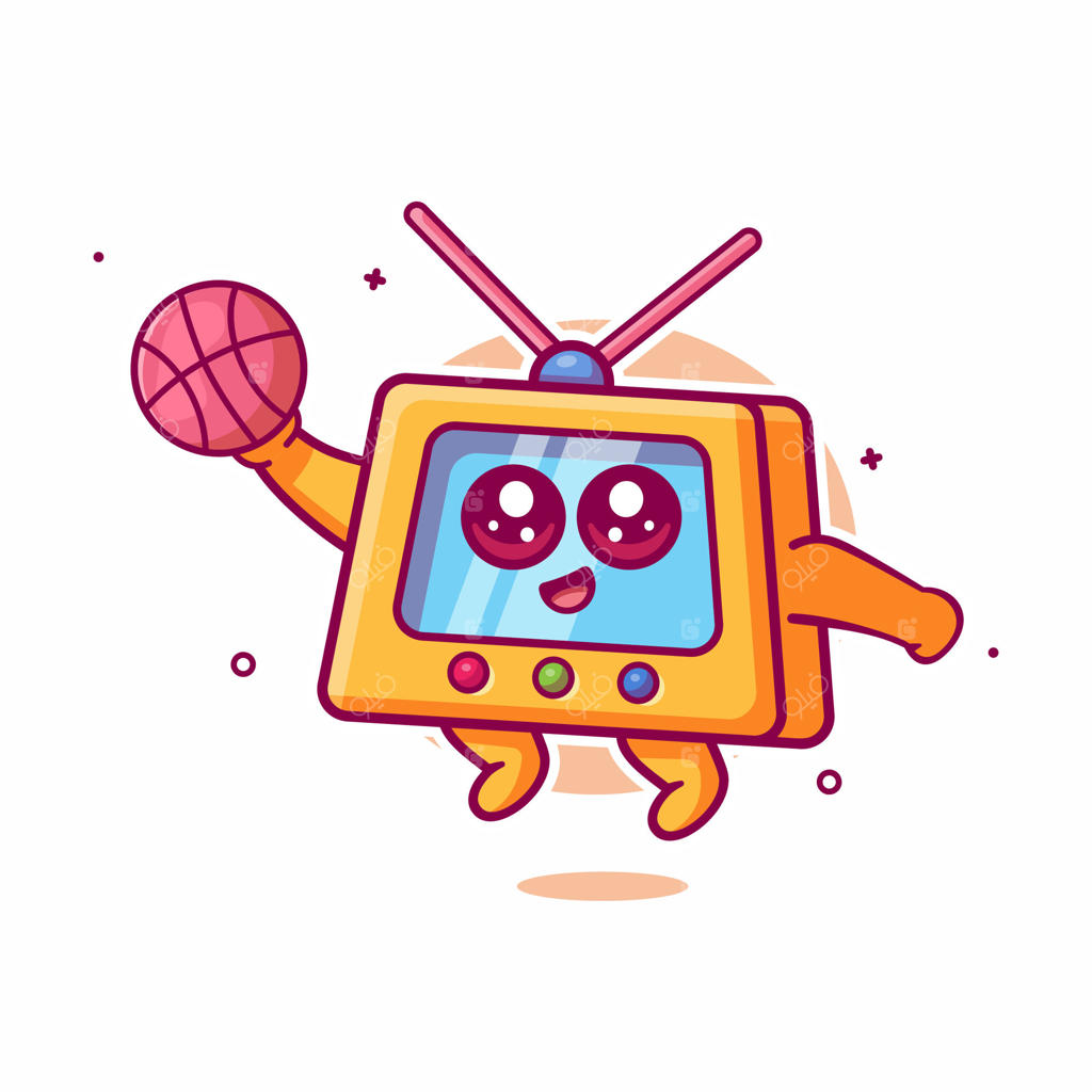 کاراکتر کارتونی و مسکات تلویزیونی شاد در حال بازی بسکتبال