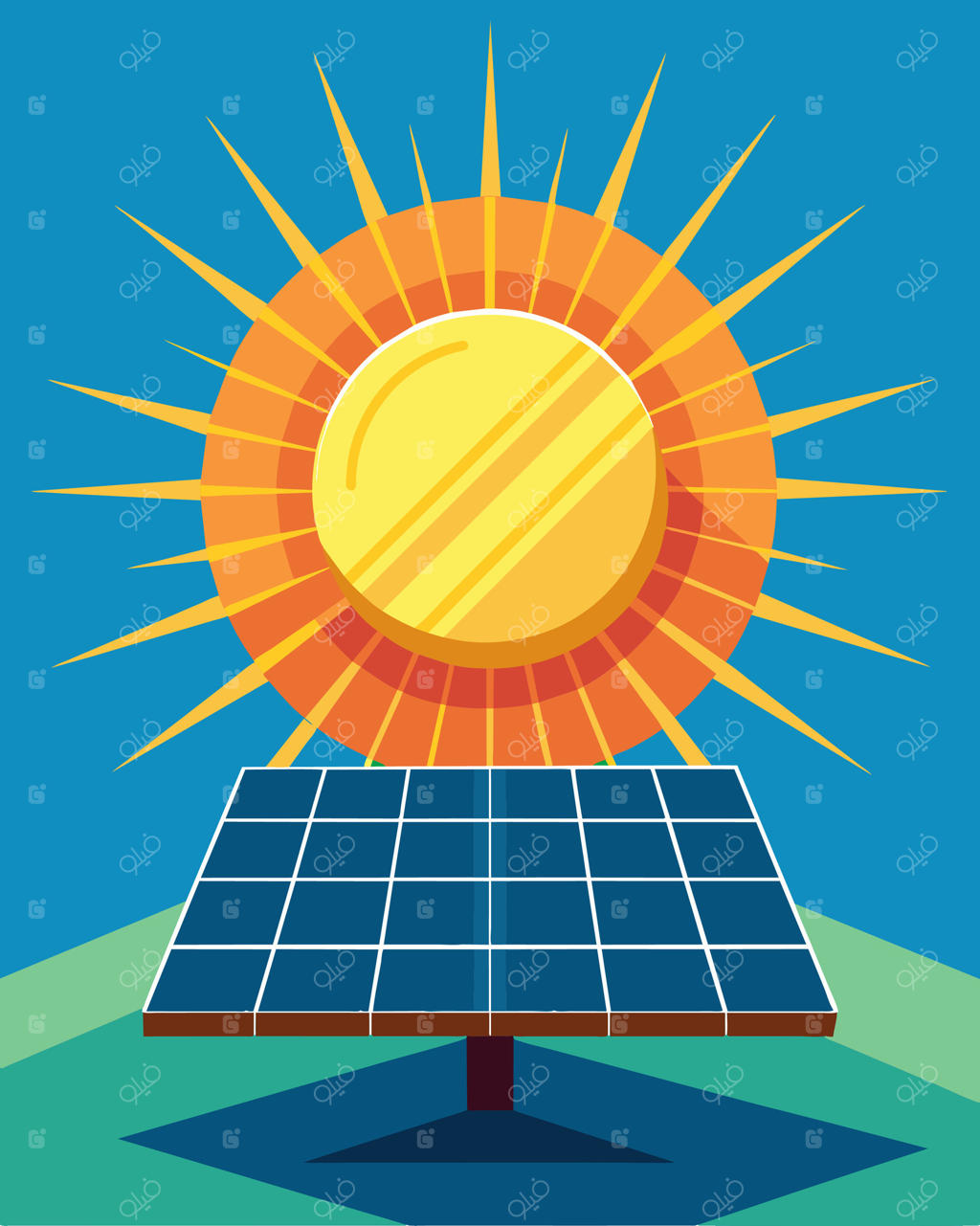 "رقص پرتوهای خورشید بر روی پنل‌های درختان خورشیدی: نمایشی خیره‌کننده از نور و انرژی.. تصویرسازی"