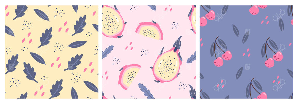 طرح‌های یکپارچه با میوه‌ها، توت‌ها و برگ‌ها: طرح‌های گیاهی میوه اژدها، گیلاس و برگ‌ها.