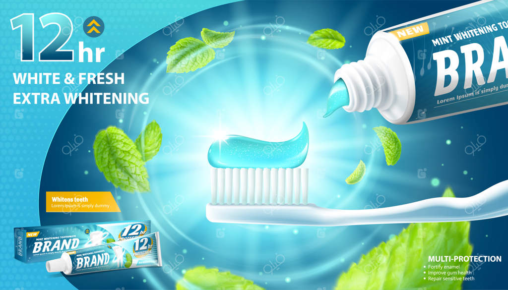 تبلیغات خمیردندان سفیدکننده با برگ‌های نعناع در حال پرواز و درخشش مسواک روی پس‌زمینه آبی در تصویرسازی سه‌بعدی