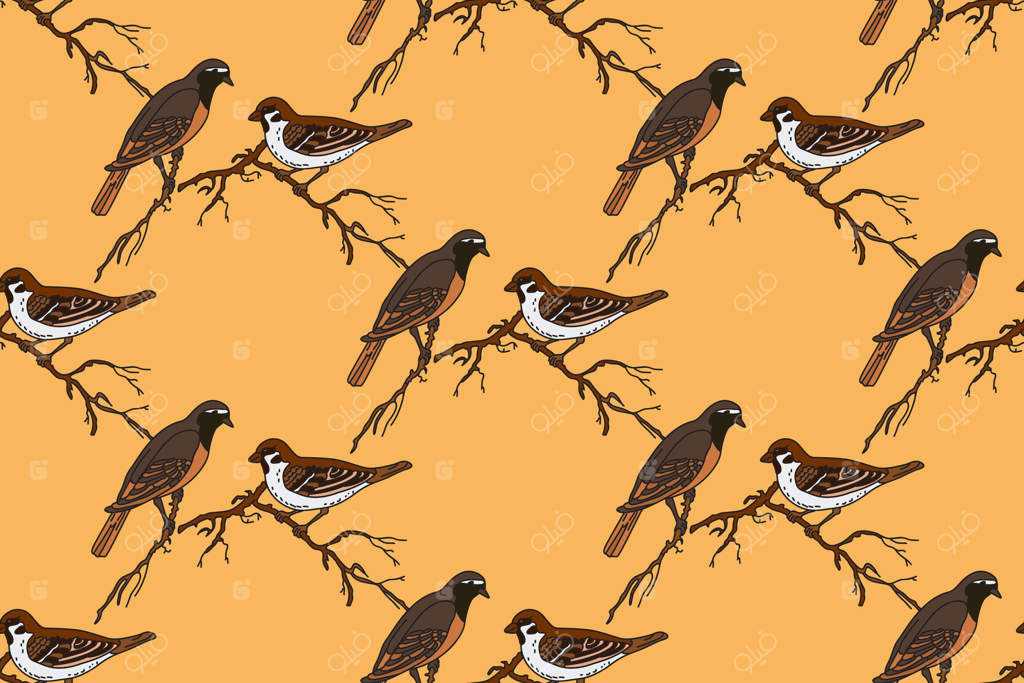 طرح انتزاعی گیاهی با تصویرسازی پرندگان باغ. پترن پیوسته کارتونی گنجشک‌های رنگارنگ روی زمینه زرد. طراحی گرافیکی برای چاپ پارچه مد.