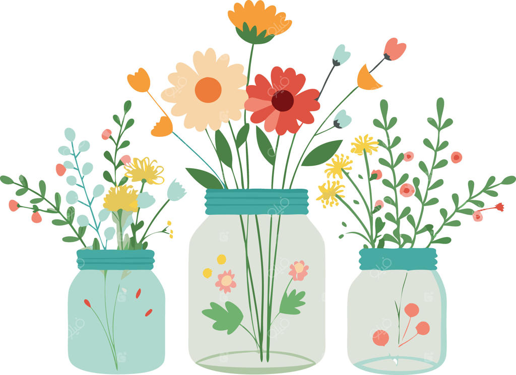 تصویر رنگارنگ از سه شیشه پر از گل‌های شکوفا