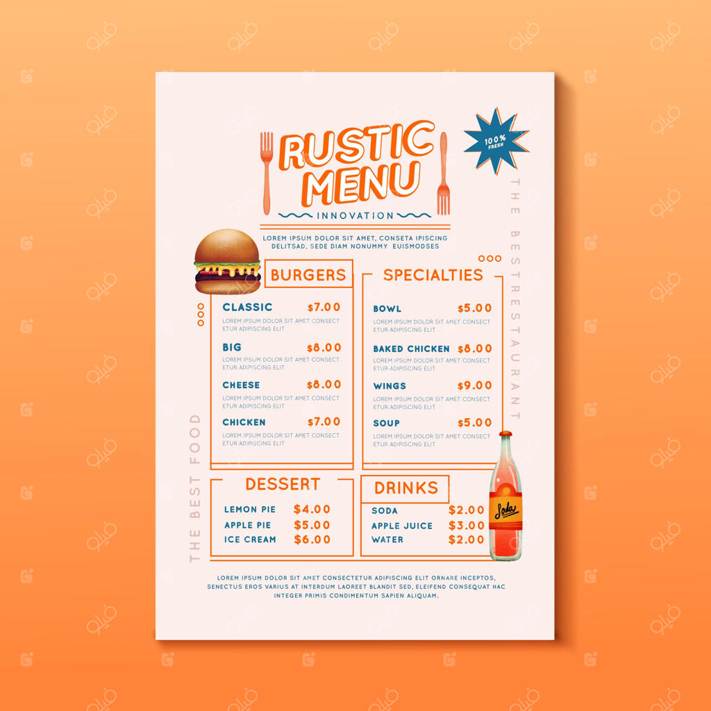 منوی رستوران روستایی نقاشی شده با آبرنگ