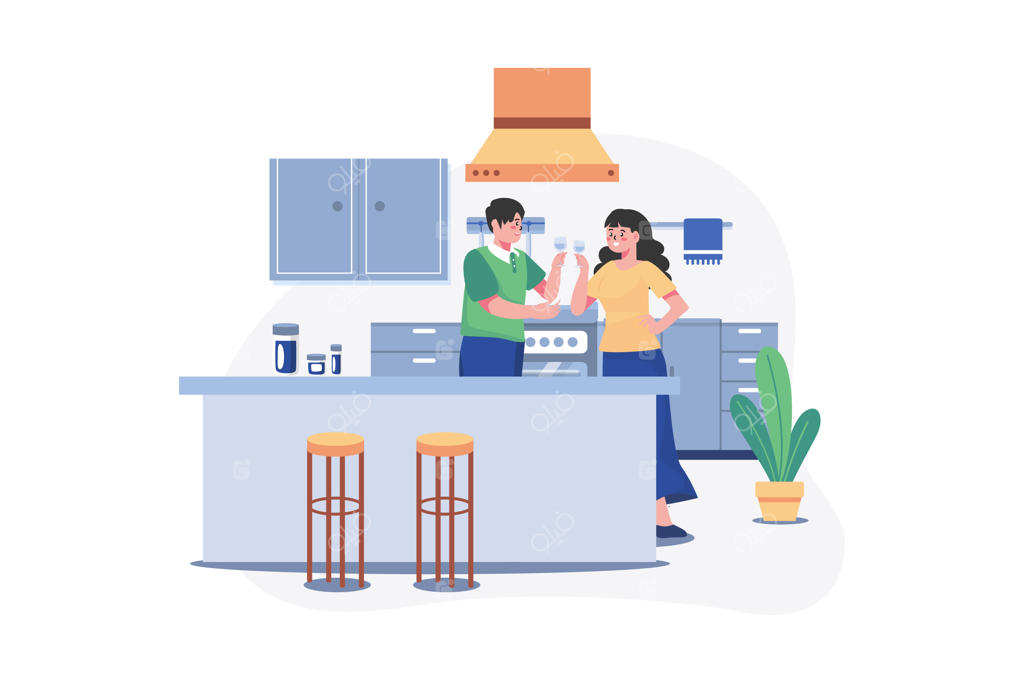 زوجی با لیوان‌های شراب در دست، کنار میزی با میوه‌ها ایستاده‌اند.