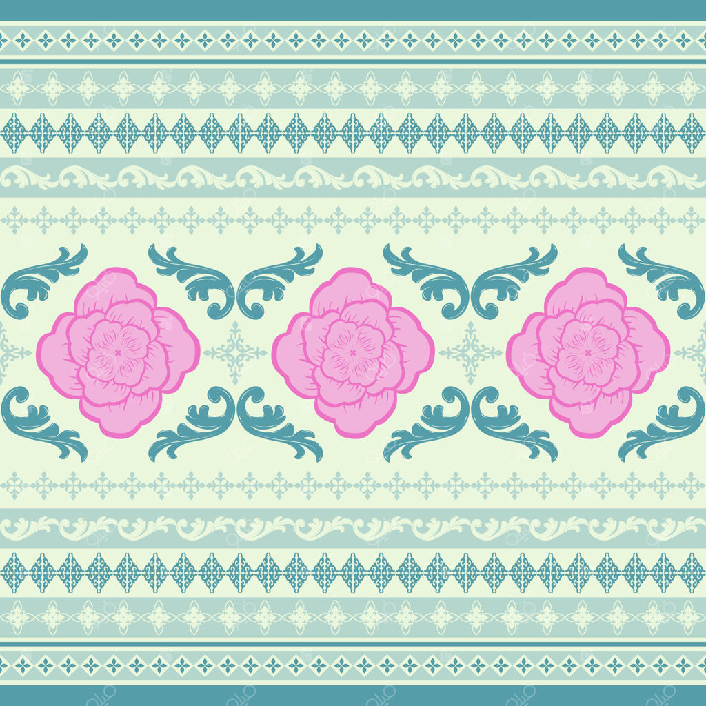 باغ گل‌های شیرین با طرح دوخت پروانه‌ای. طراحی گیاهی در رنگ‌های صورتی و سبز نعنایی. هنر دست برای قالیچه، پارچه و لباس سنتی.