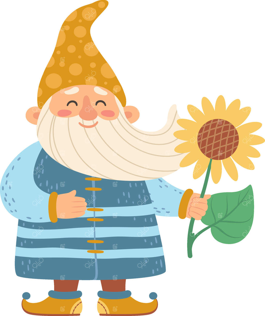 کوتوله باغ شاد با گل آفتابگردان، با کت آبی بلند و کلاه زرد نوک تیز، در پس‌زمینه سفید، مناسب برای کتاب‌های کودکان یا پروژه‌های فانتزی