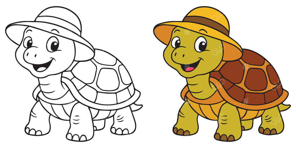 کتاب رنگ‌آمیزی لاک‌پشت شاد با کلاه آفتابی بر روی زمینه سفید