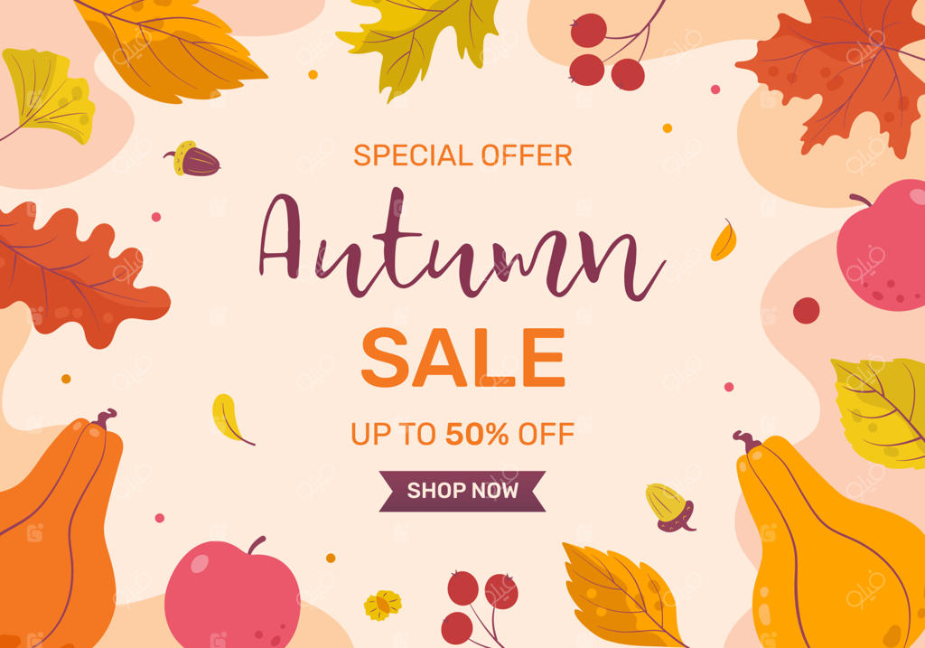 بنر رنگارنگ پاییزی برای فروش ویژه پاییز، با حاشیه‌ای از برگ‌ها. حس و حال پاییز. سبک کارتونی و تخت. تصویرسازی وکتوری.